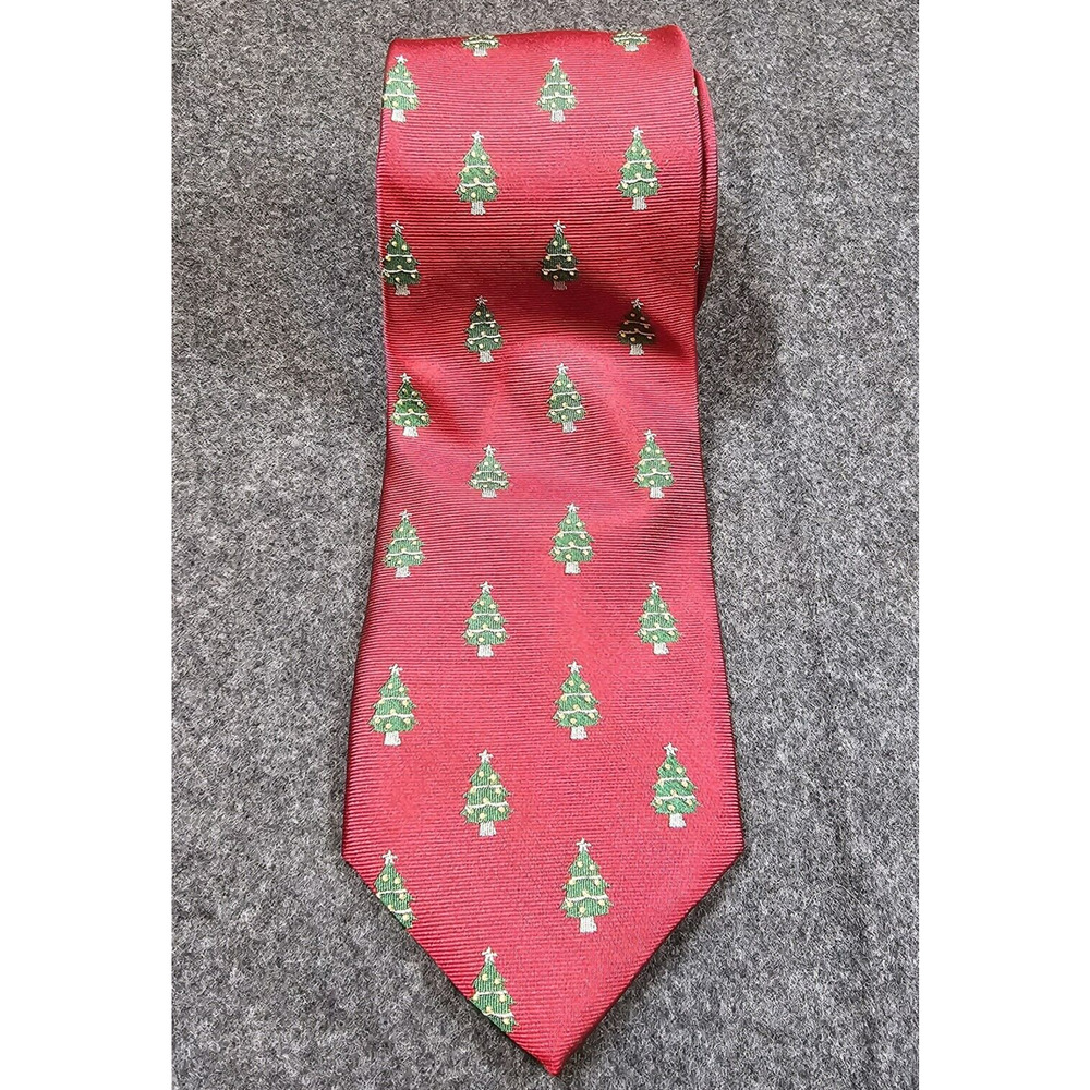 Jos A Banks Christmas Tree Tie 100% Silk 59" Embroidered Red Necktie Holidays